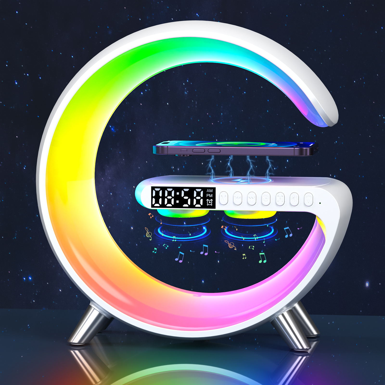 Smart Multifunctional G Alarm Lamp with Light, Speaker & Wireless Charging