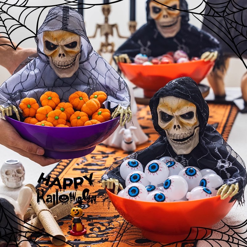 Spooky Bar Party Scene Halloween Candy Bowl with Skull and Light